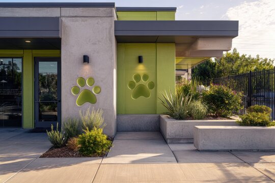 Contemporary veterinary or pet daycare building with green facade and paw print signage, ideal for animal care, business, and lifestyle themes