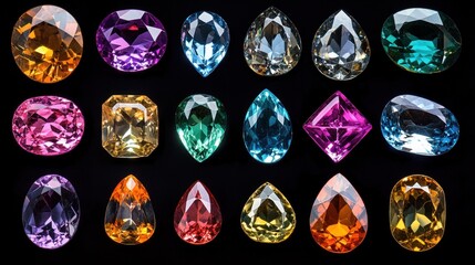 Collection of colorful gemstones on black background.