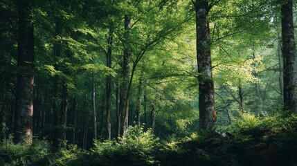 Obraz premium Lush green forest scene sunlight filtering through dense canopy of trees