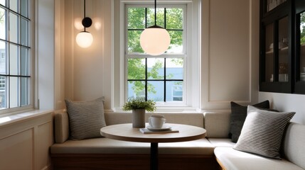 Built in window seat with round table striped pillows and globe pendant lights