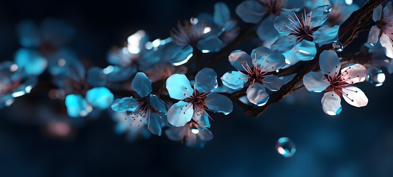 The black background contrasts sharply with the bright blue diamonds light emitted by Cherry blossoms,generative AI
