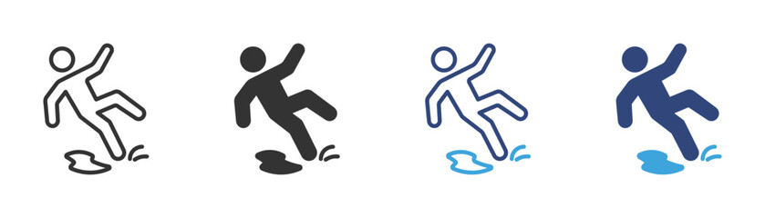 slippery surface wet floor icon set in outline and flat style , vector illustration.