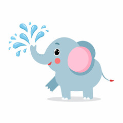Cartoon illustration of a baby elephant spraying water from its trunk, depicted with a cheerful expression and pink cheeks.