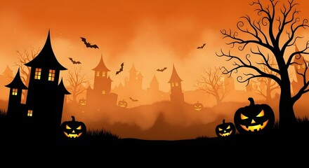 Halloween night scene with haunted houses, pumpkins, bats, and a spooky atmosphere.