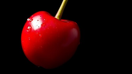 Extreme close-up of a ripe cherry with water droplets, emphasizing vibrant red color.
