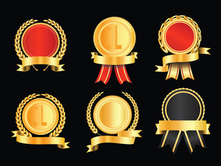 Set of Six Gold and Red Award Medals with Ribbons and Laurel Wreaths on Black Background