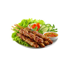 Delicious Grilled Pork Satay Skewers with Fresh Salad and Spicy Dipping Sauce