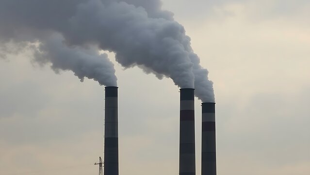 Industrial smokestacks releasing vapor into a cloudy sky, conveying an environmental message with muted tones.