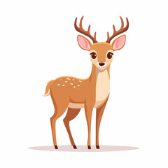 A charming cartoon deer, light brown, spotted, with antlers, standing.