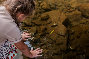 Young girl exploring nature and touching water in a mountain river. Childhood curiosity, summer outdoor activity, travel and family vacation concept.