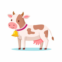 A charming cartoon illustration of a contented brown and white cow wearing a purple collar with a golden bell, standing on a blue surface.