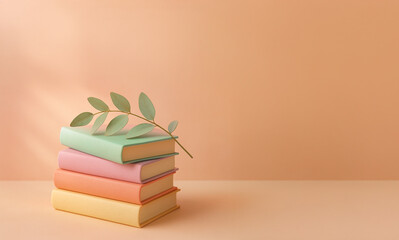 Pastel-Colored Stacked Books with Leaf Accent on Blush Background