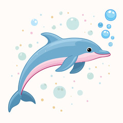 Obraz premium A cartoon illustration of a playful dolphin swimming with bubbles in the water.