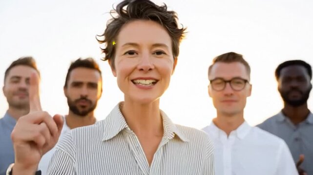 Diverse group smiling confidently, teamwork and camaraderie evident, modern professional setting with focus on collaboration and positivity, inclusivity and diverse backgrounds