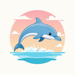 Fototapeta premium A cute cartoon blue dolphin happily jumps out of the ocean water with splashes against a colorful sunset sky.