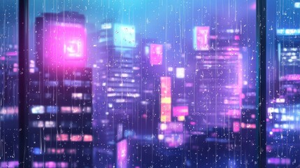 Obraz premium Rainy night cityscape viewed from a window, vibrant neon lights reflecting on rain-streaked glass.