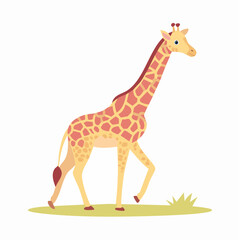 Obraz premium Cartoon illustration of a giraffe walking on grass, featuring a long neck and patterned coat.