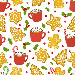 Festive Christmas seamless pattern featuring gingerbread cookies and hot chocolate mugs with marshmallows and candy canes on a white background