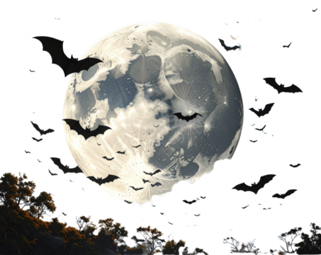 Spooky Halloween Moon with Bats and Clouds Silhouette, isolated on transparent background