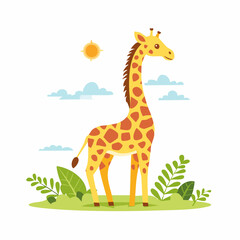 Fototapeta premium A cartoon illustration of a tall giraffe standing in a grassy field with sun and clouds.