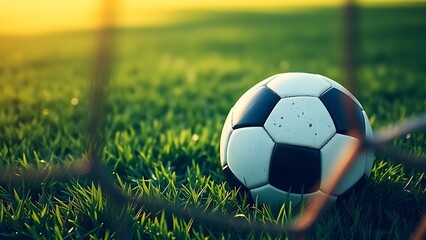 Soccer ball nestled in the net against a lush green field, capturing a moment of victory.