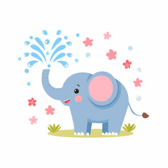 Fototapeta premium Cute cartoon elephant spraying water from its trunk, surrounded by pink flowers and standing on grass.