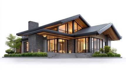 Fototapeta premium A contemporary, modern home with dark gray stone exterior, a dark roof, and large windows showcasing an interior design.