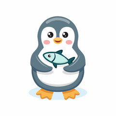 Obraz premium Cartoon penguin holding a fish with its flippers, featuring a cute and friendly design against a white background.