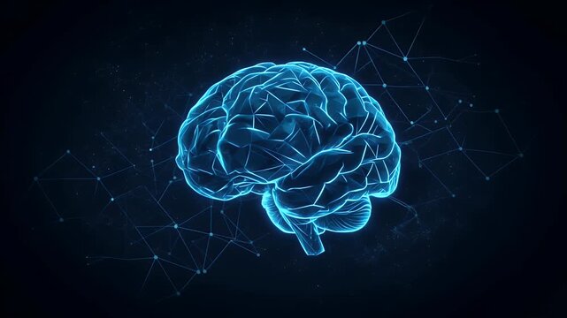 Abstract Digital Brain Visualization With Blue Glowing Dots And Neural Network - Powered by Adobe