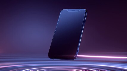 Glowing phone AI generated video neon smartphone blank display futuristic screen marketing animation. Modern smartphone animation AI generated video neon purple background app.