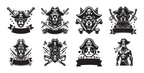 Obraz premium Eight pirate animal head emblems with skull hats crossed swords and banners logo Talk Like a Pirate a Pirate Silhouette