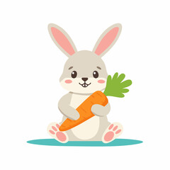Adorable grey bunny rabbit happily holding a large orange carrot.
