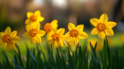 Obraz premium A group of bright yellow daffodils in bloom in a garden during springtime.