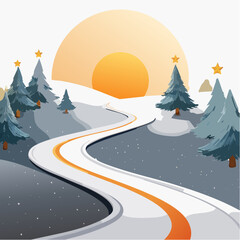 Naklejka premium Serene winter landscape with a winding snowy road and fir trees topped with stars under a glowing sunset sky