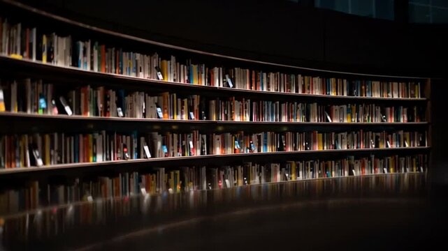 Dimly lit library shelves, warm ambiance with bokeh lights, quiet and contemplative space for reading and study, peaceful escape in urban setting, cozy autumn vibes
