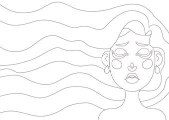 Cartoon character lineart design, coloring, transparent background - serene woman with flowing hair