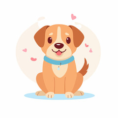 A cute cartoon puppy sits happily with a blue collar, surrounded by floating pink hearts.