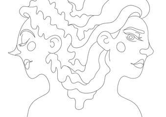 Cartoon character lineart design, coloring, transparent background - two women connected via hair