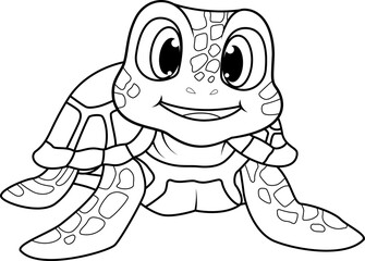 Cute cartoon sea turtle with big eyes and a smile line art