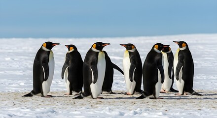 Obraz premium Group of emperor penguins with chicks in snowy Antarctica 