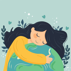 Happy woman hugging planet Earth. Symbol of ecology, love, environment protection and harmony with nature. Earth Day vector illustration.