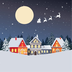 Naklejka premium Whimsical Christmas Eve illustration with Santa Claus in his sleigh flying over a snow-covered village under a bright full moon and starry sky