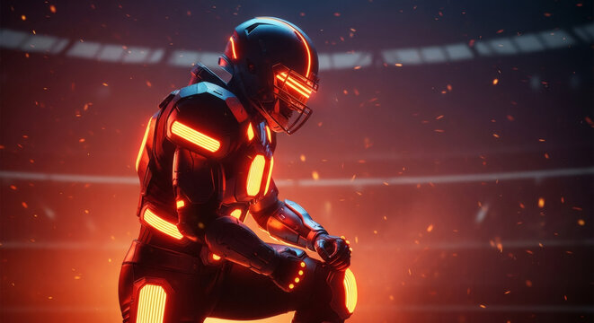 Futuristic Glowing Suit American Football Player Kneeling on Stadium Ground Art