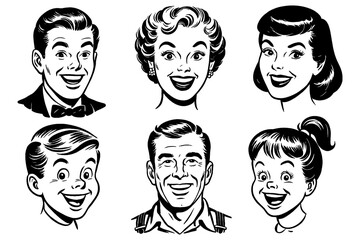 Retro smiling family portraits in vintage comic style, Transparent Background