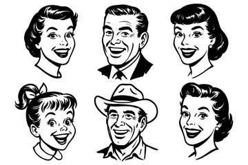 Retro smiling family portraits in vintage comic style, Transparent Background