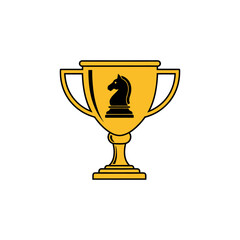 Golden trophy cup, a shiny winner's prize with a chess horse icon, isolated on a white background, symbolizes achieving first place in a competition.