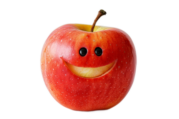 A cheerful red apple with a carved smiley face representing happiness and health