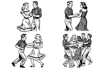 Vintage square dance couples in retro comic style, Transparent Background