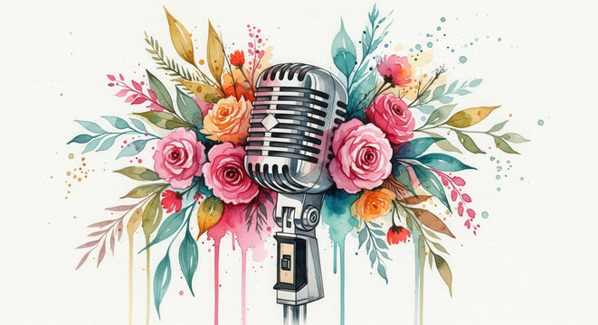 Classic silver retro vintage microphone centered amid striking flowery composition of blooming roses, fresh greenery. Broadcast, singing, live performance. International Jazz Day, World Radio Day
