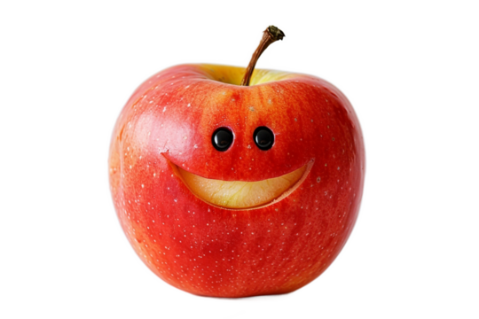A cheerful red apple with a carved smiley face representing happiness and health